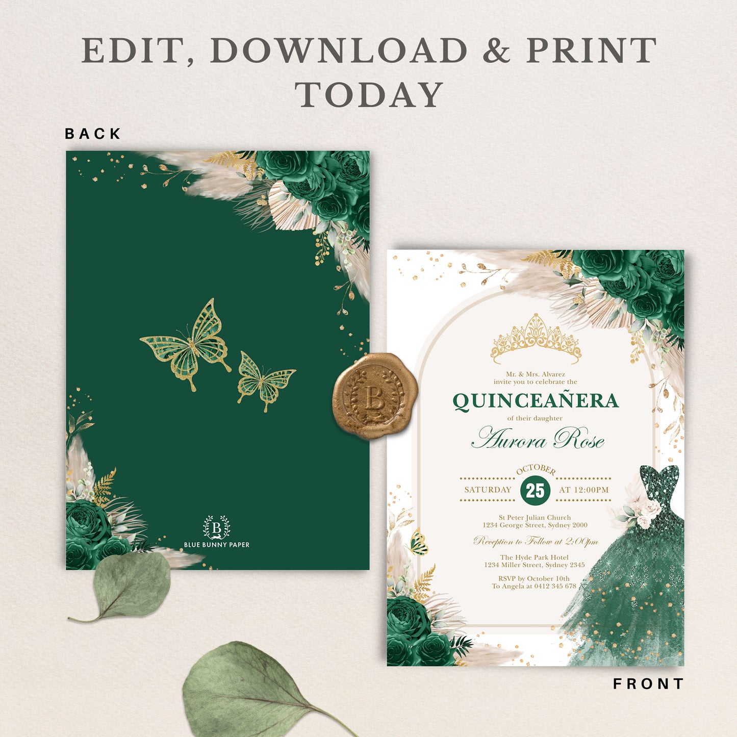 Editable Quinceañera Invitation with Backside