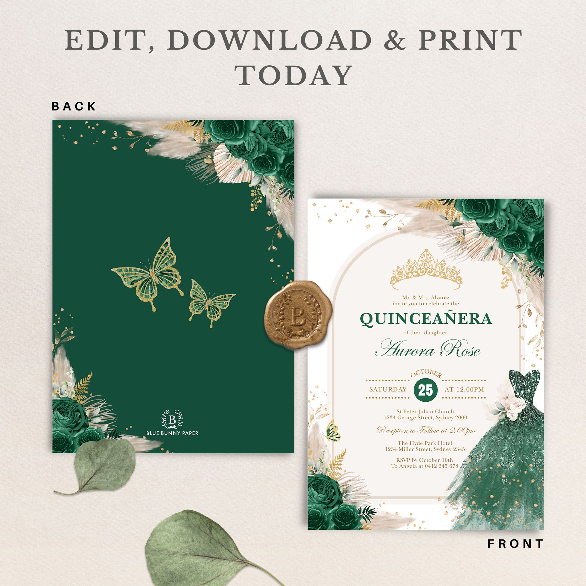 Editable Quinceañera Invitation with Backside