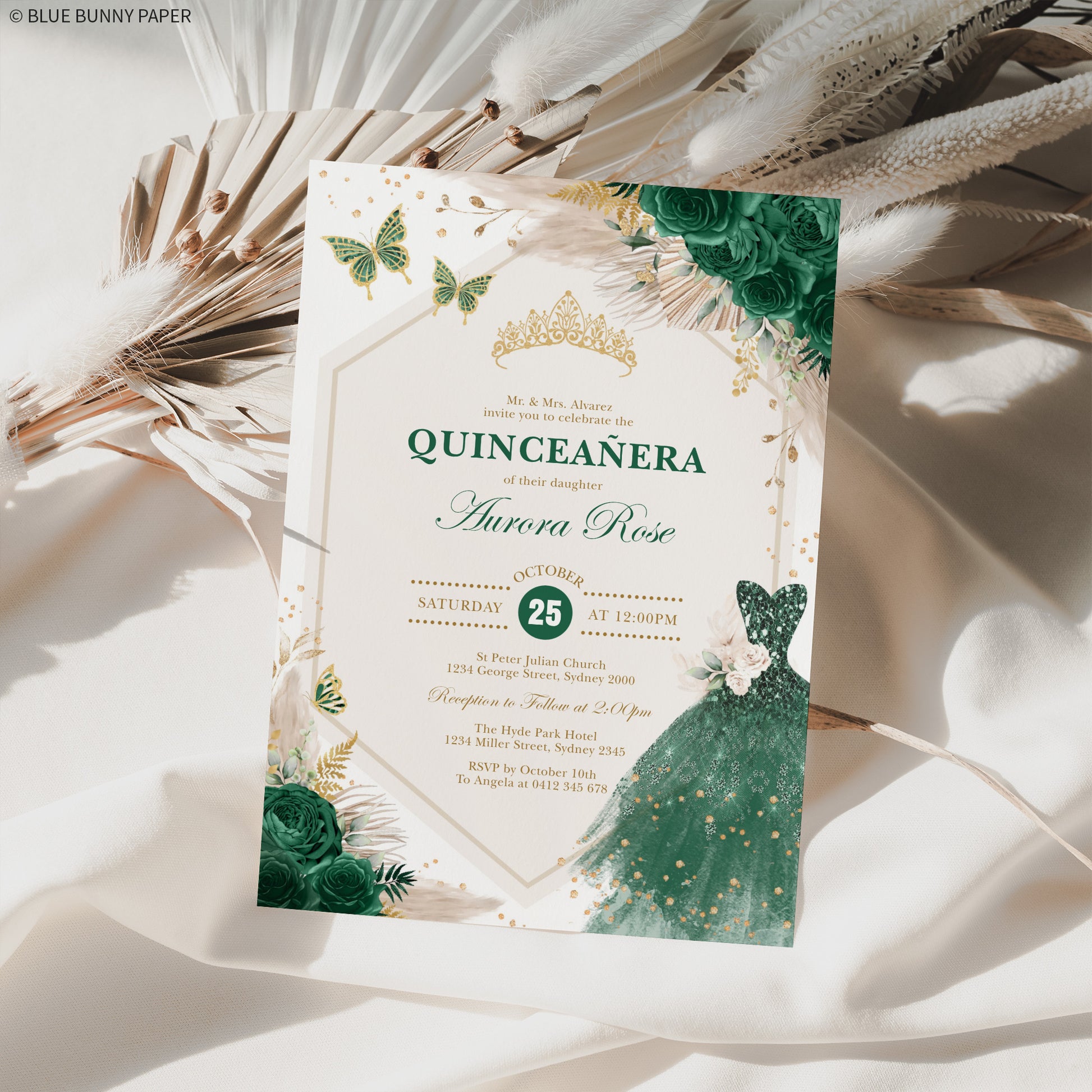 Emerald Green Quinceañera Invitation