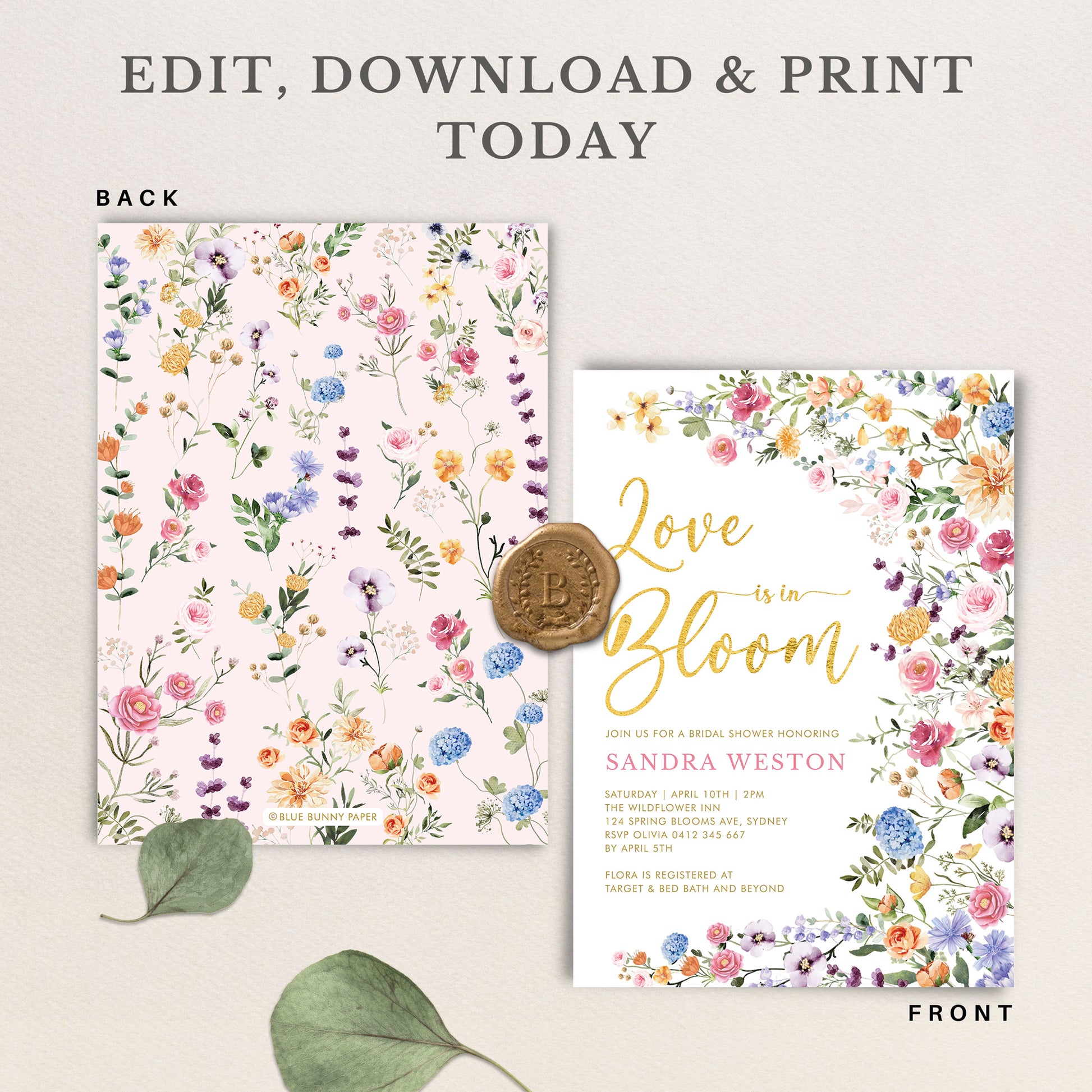 editable front and backside of a wildflower themed bridal shower invitation