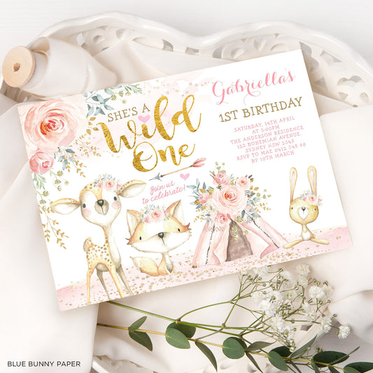 Woodland Wild One Birthday Invitation