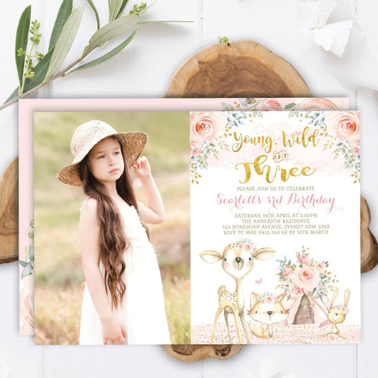 Young Wild and Three - Birthday Invite