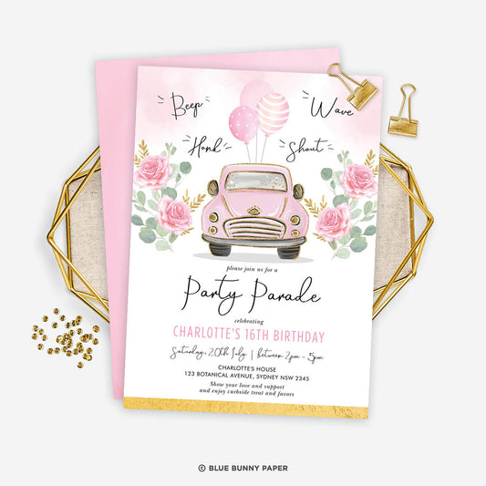 Pink Car Birthday Party Parade Invitation
