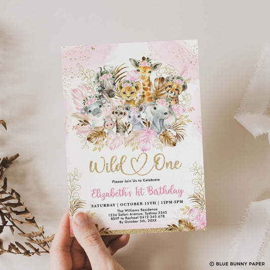 Wild One Pink Safari Birthday Invitation