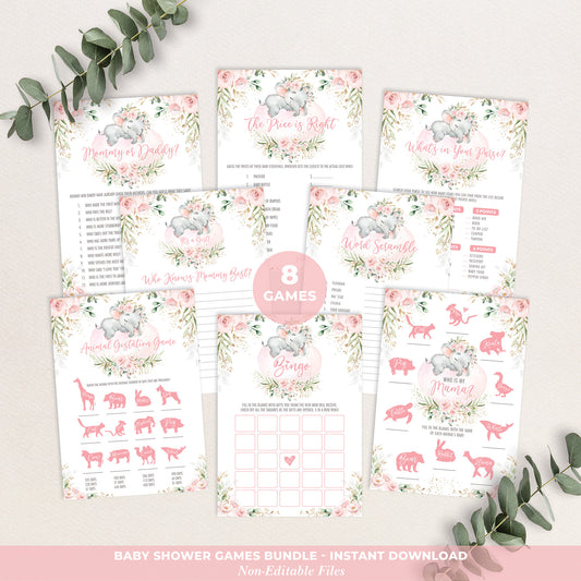 Girl Elephant Baby Shower Games Package