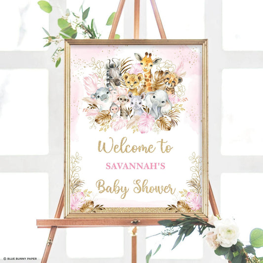 Pink Safari Baby Shower Party Welcome Sign