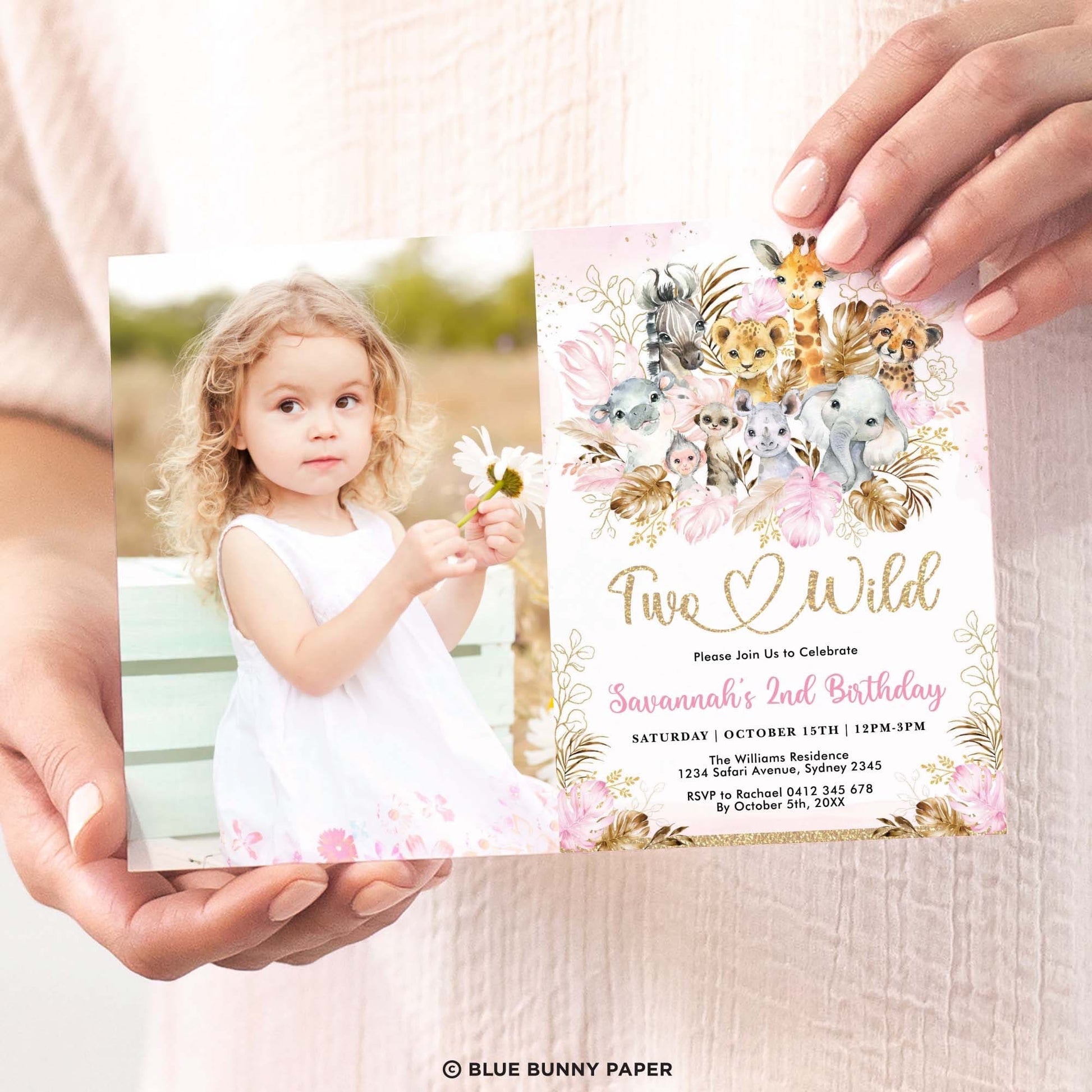 Two Wild Pink Safari Birthday Photo Invitation