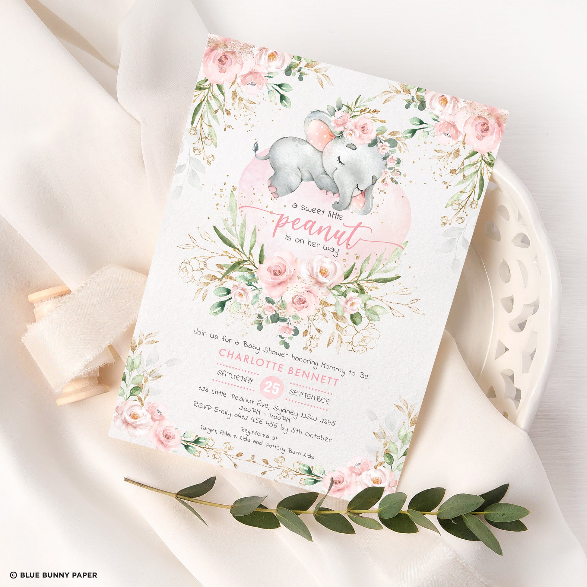 Girl Elephant Baby Shower Invitation