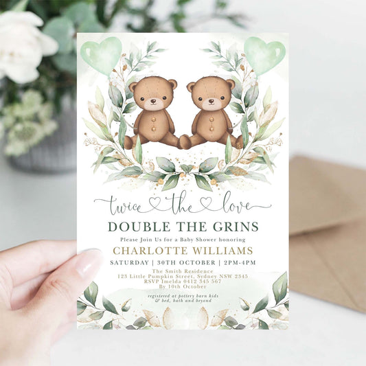 Twins Teddy Bear Baby Shower Invite