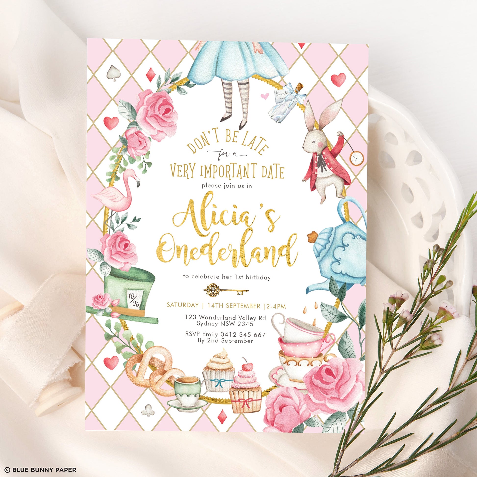 Alice in Onederland Birthday Invitation – Blue Bunny Paper