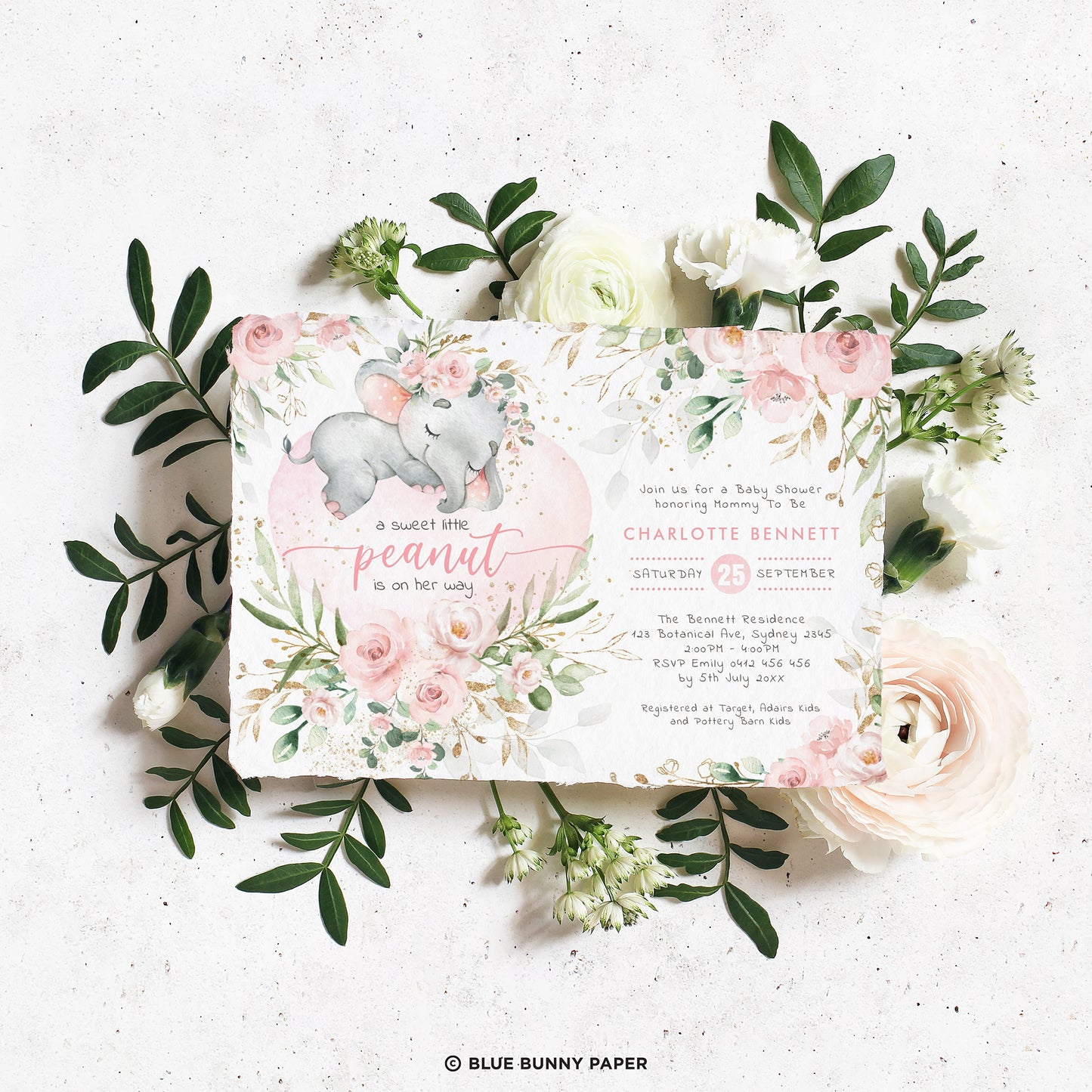 Girl Elephant Baby Shower Invitation