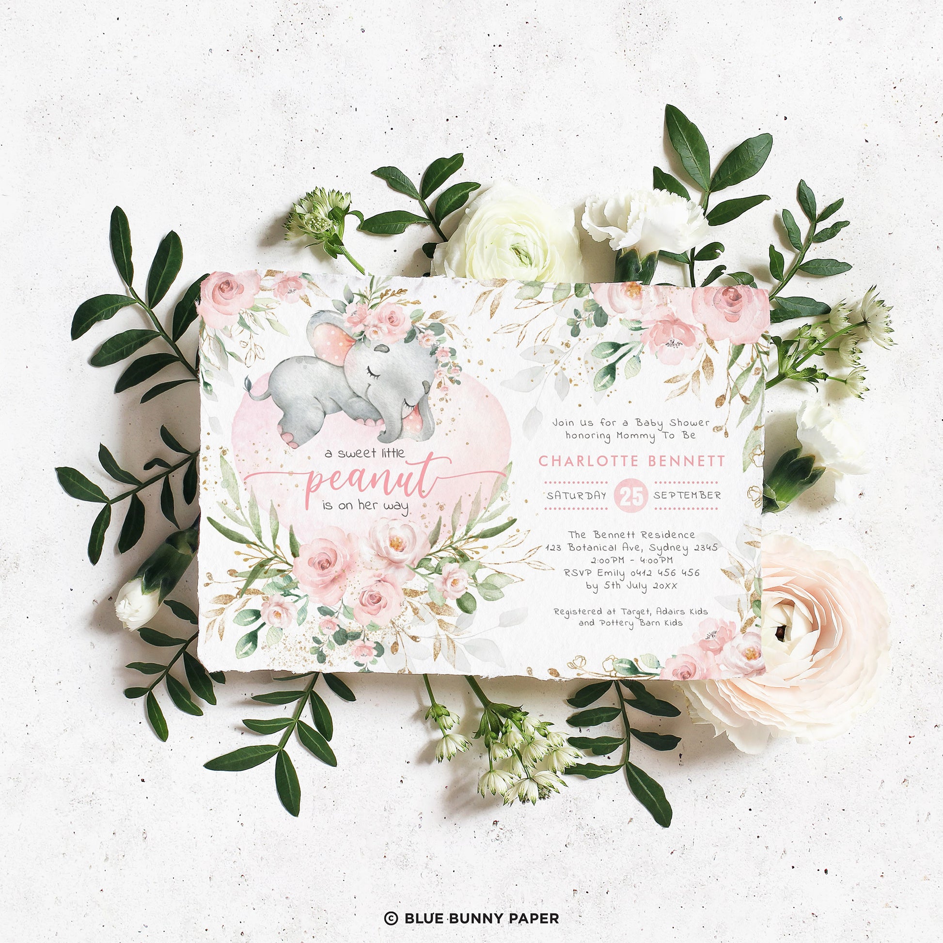 Girl Elephant Baby Shower Invitation