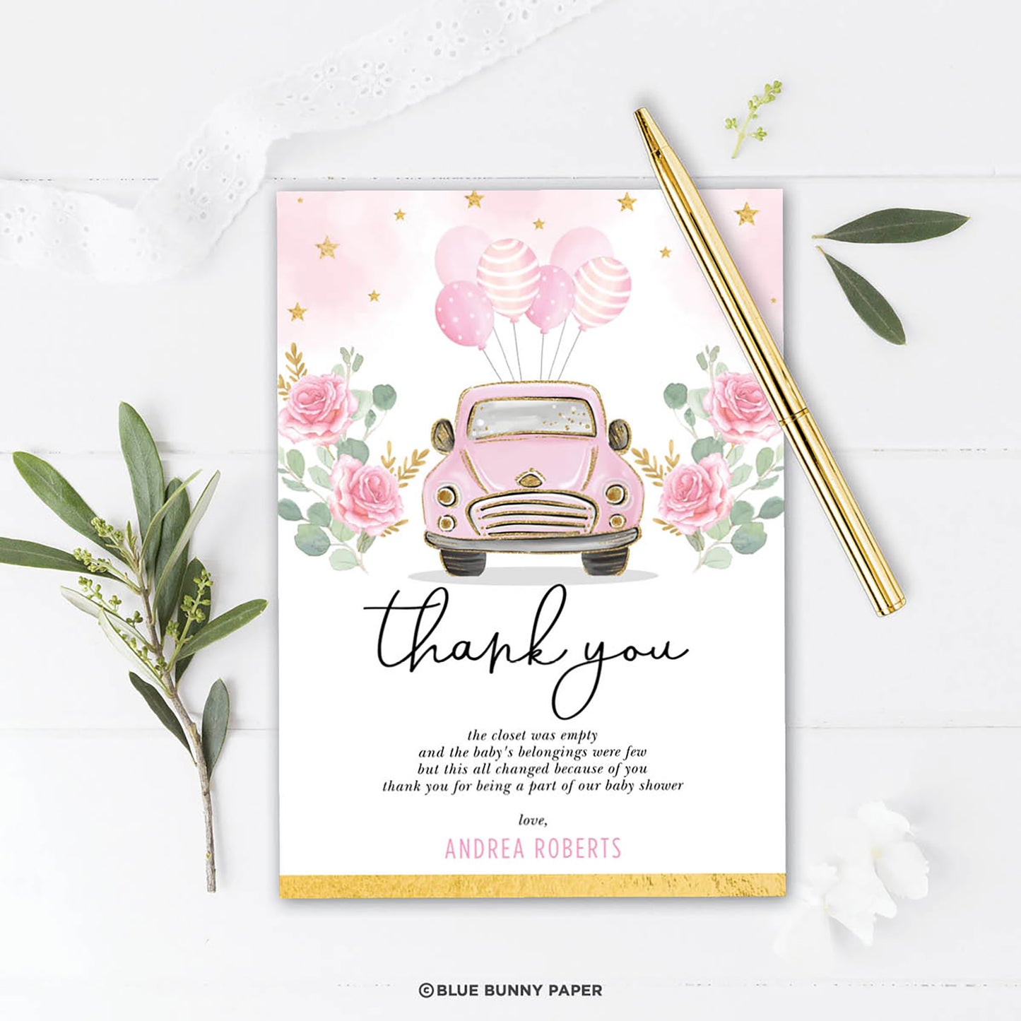 Pink Car Baby Shower Thank You Card