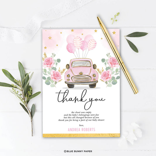 Pink Car Baby Shower Thank You Card