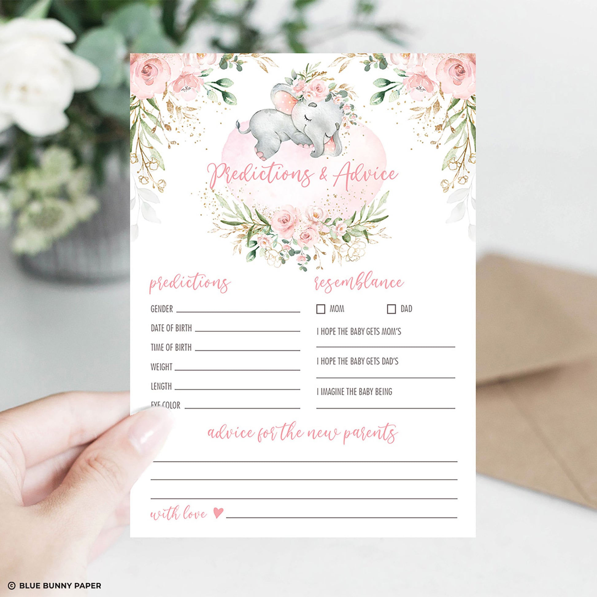 Girl Elephant Predictions & Advice Baby Shower Game