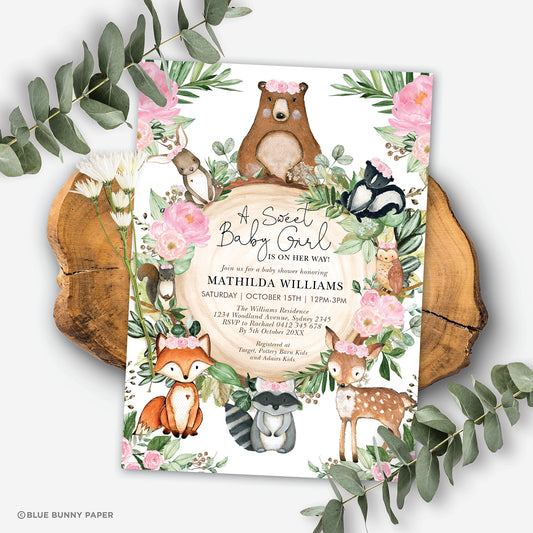 Girl Woodland Theme Baby Shower Invitation