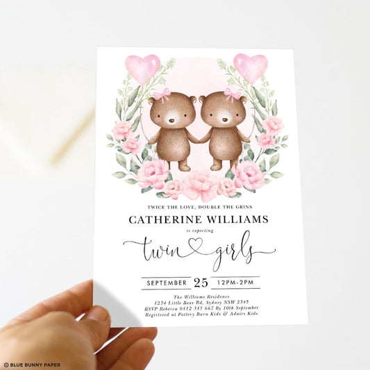 Girl Twins Teddy Bear Baby Shower Invitation