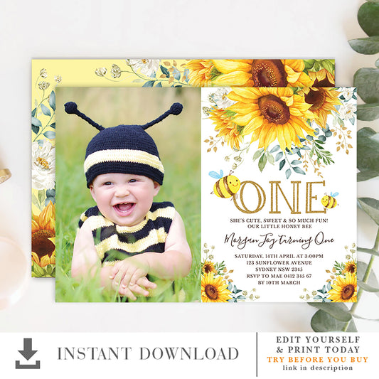 Bumble Bee Birthday Photo Invitation