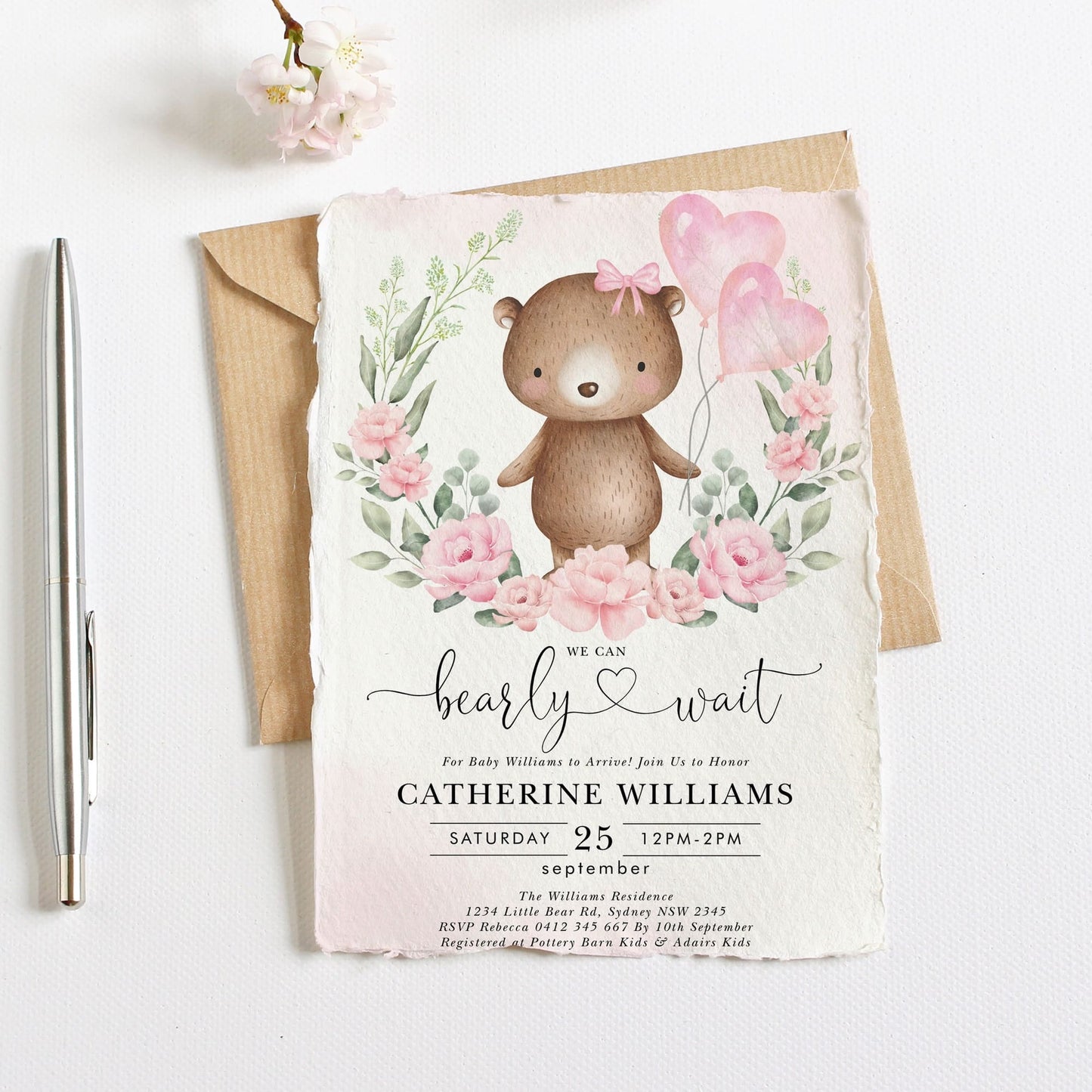 Girl Teddy Bear Baby Shower Invitation