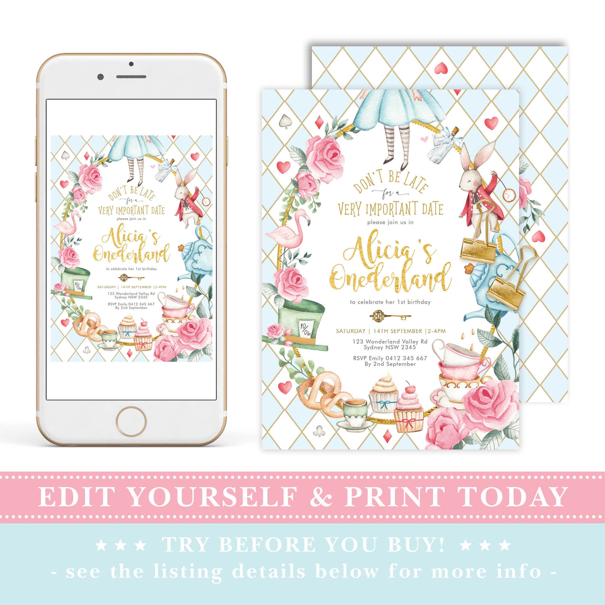 Alice in Wonderland 1st Birthday Invitation