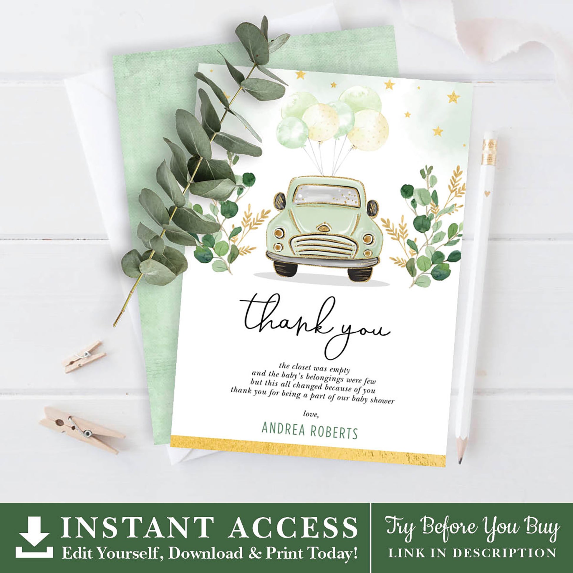 Green Car Baby Shower Thank You Card