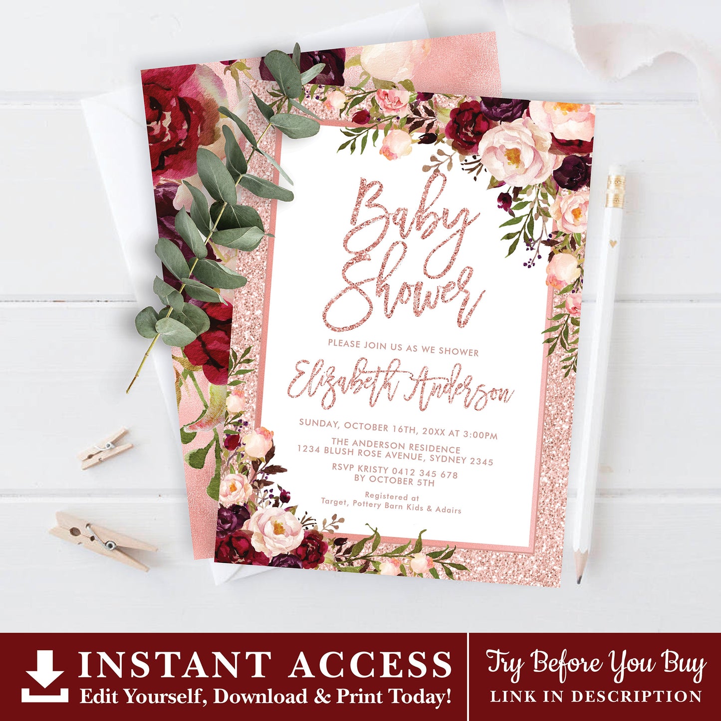 Rose Gold Baby Shower Invitation