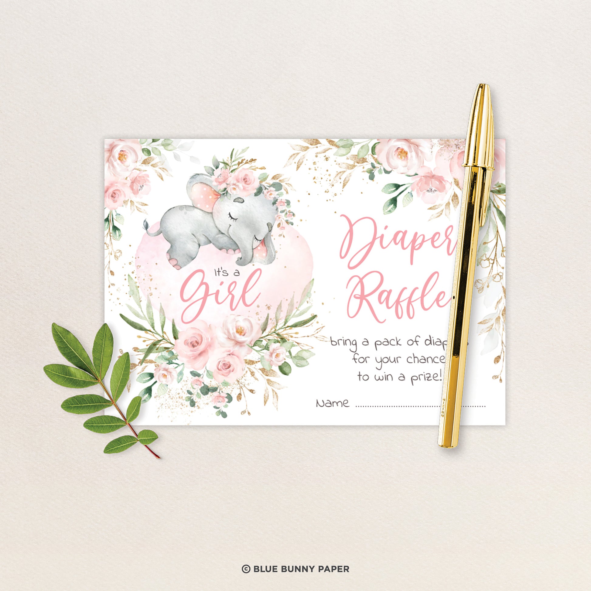 Girl Elephant Baby Shower Diaper Raffle Card