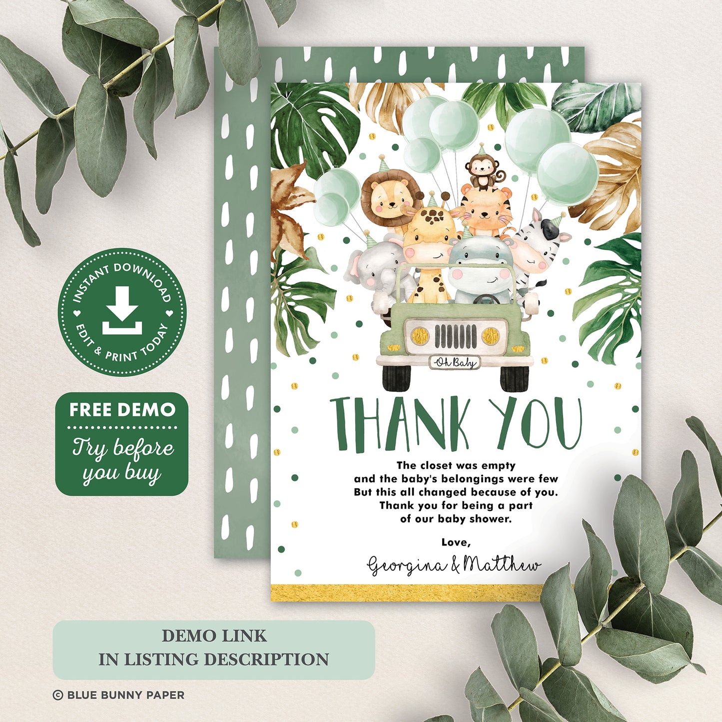 Jungle Animals Thank You Card