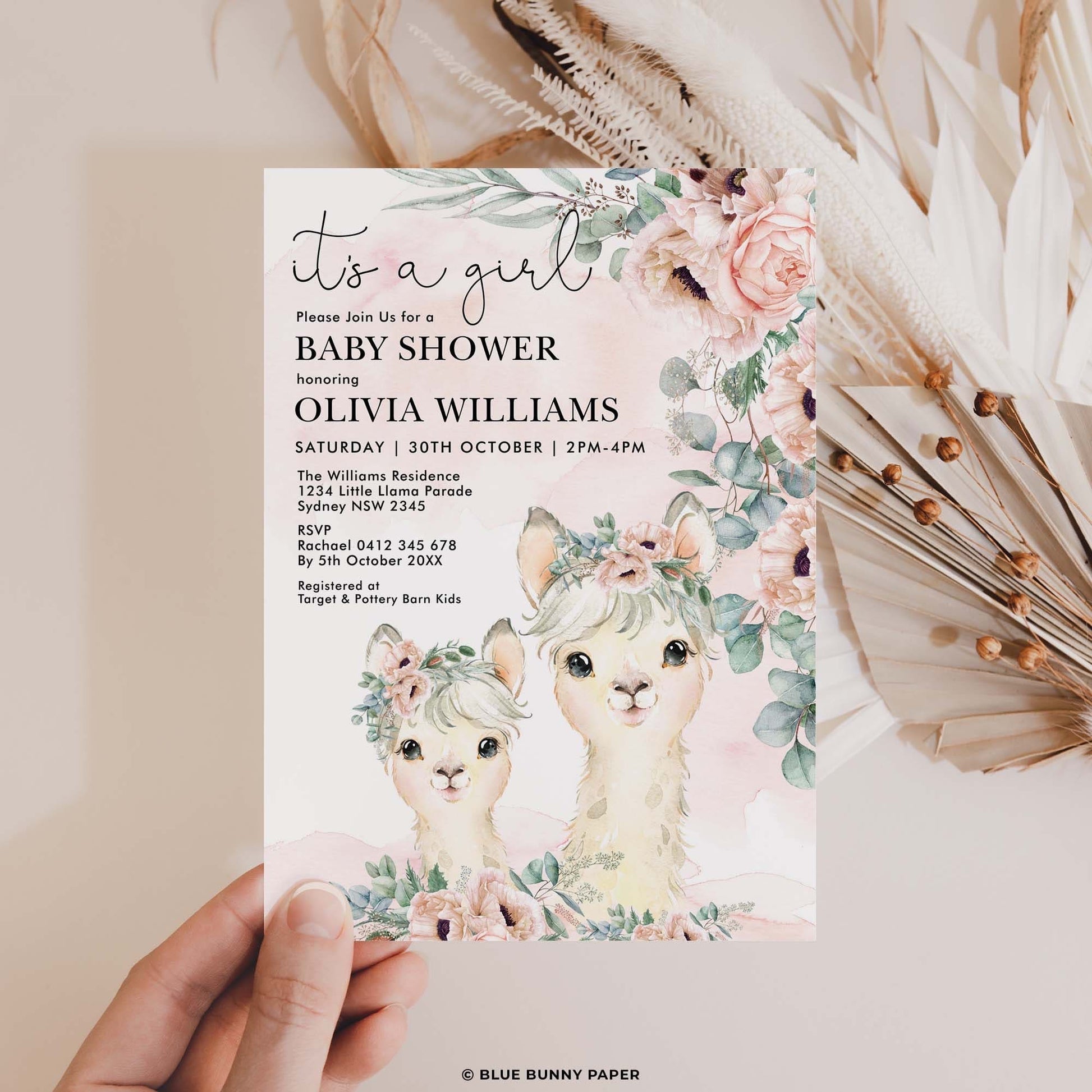 Alpaca Girl Baby Shower Invitation