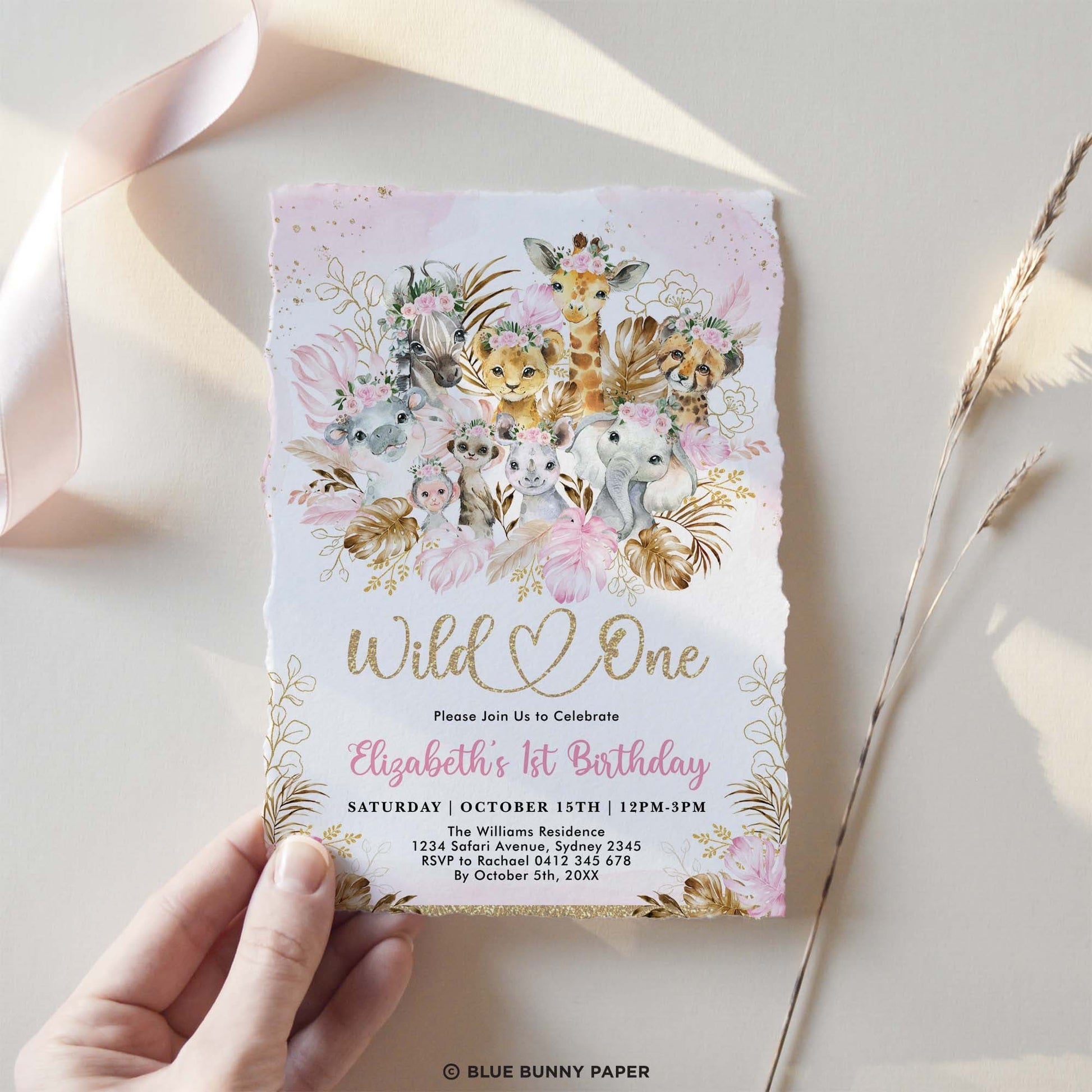 Wild One Pink Safari Birthday Invitation