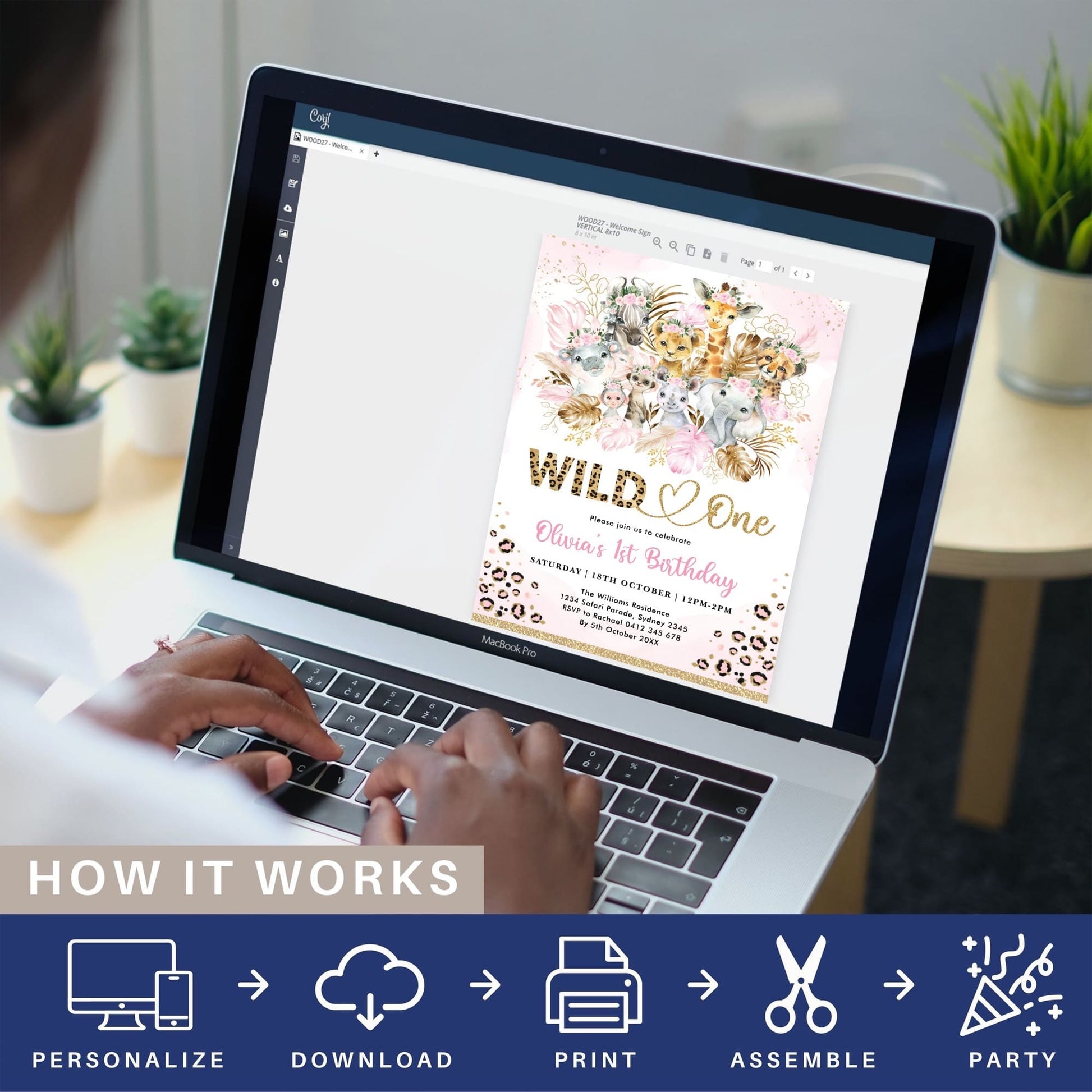 Wild One Pink Safari Birthday Invitation