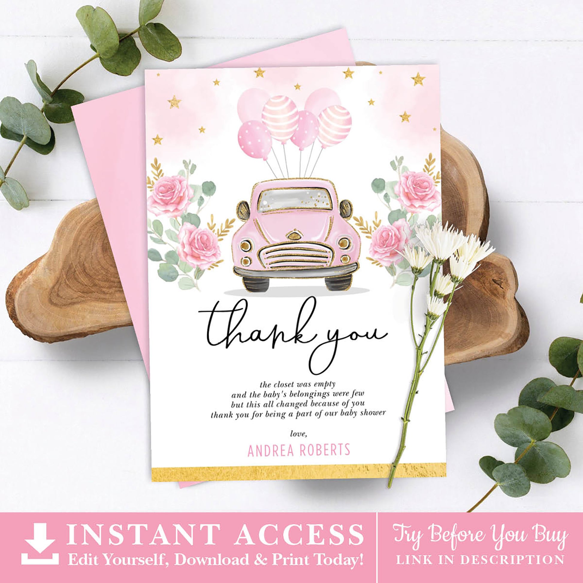 Pink Car Baby Shower Thank You Card