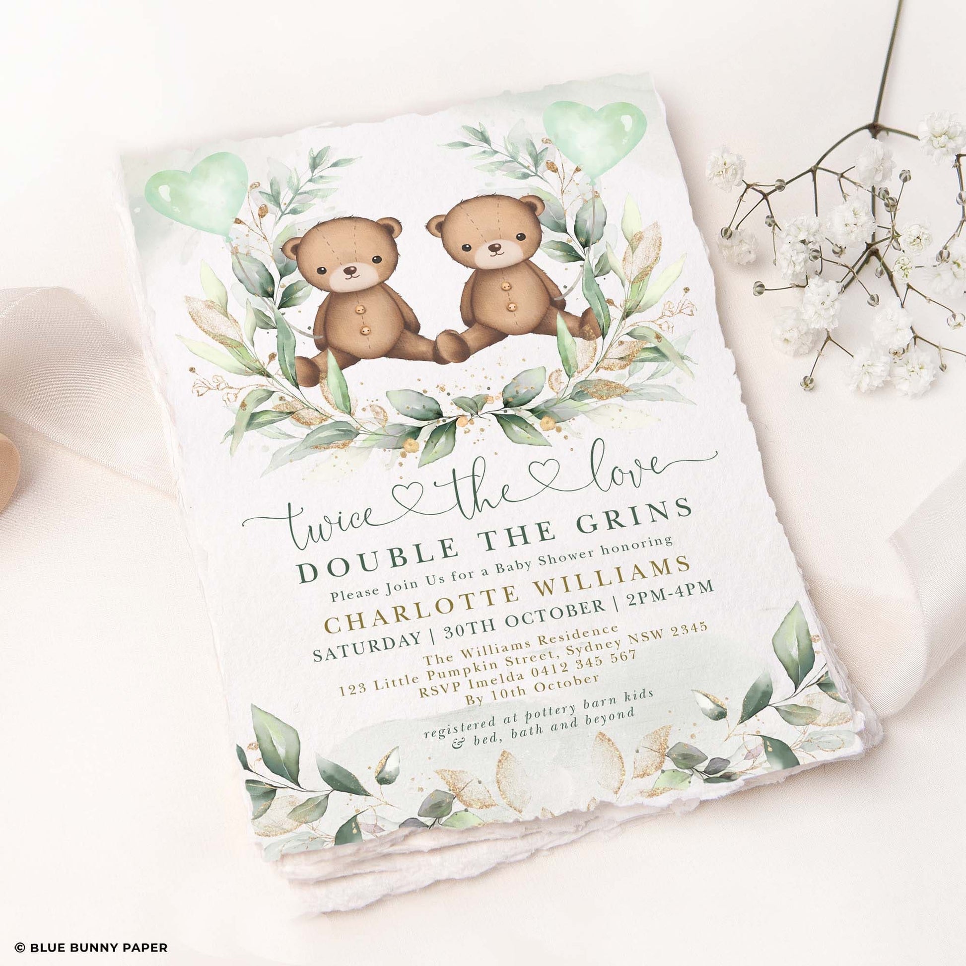 Twins Teddy Bear Baby Shower Invite