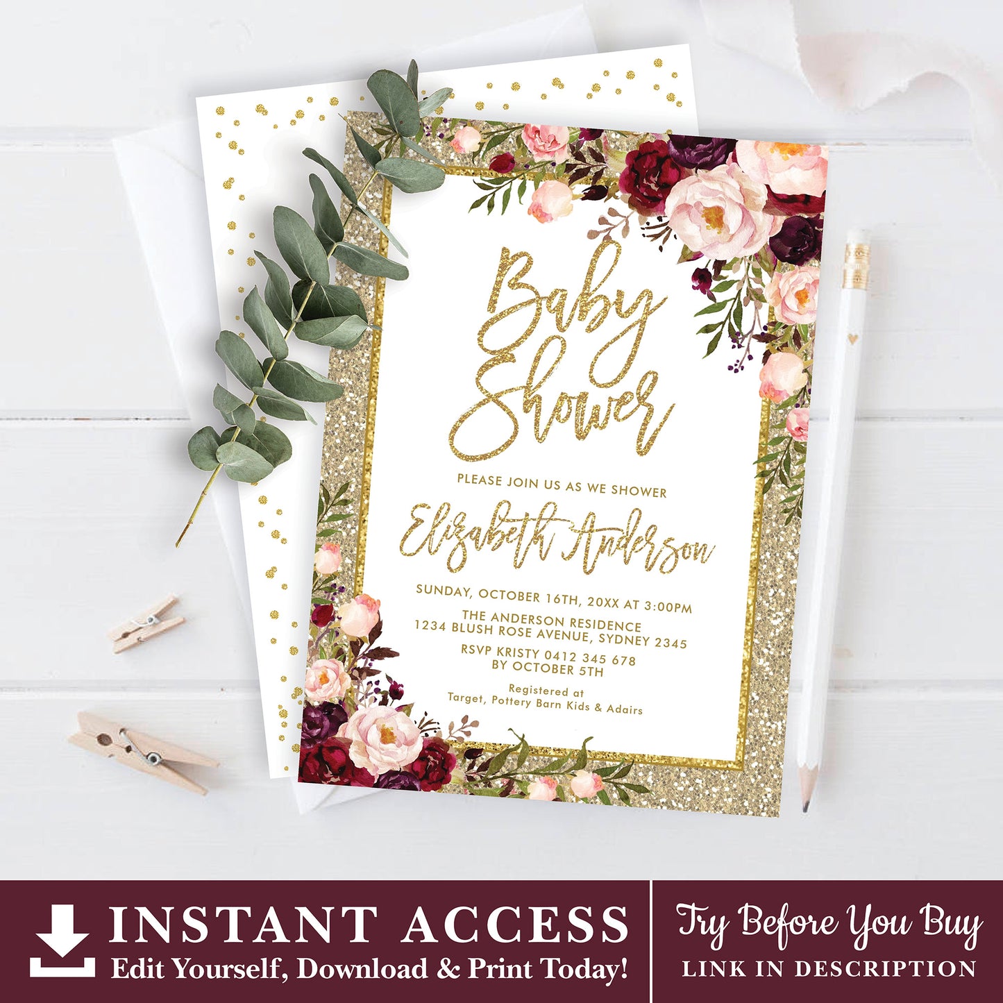 Gold Glitter Baby Shower Invitation