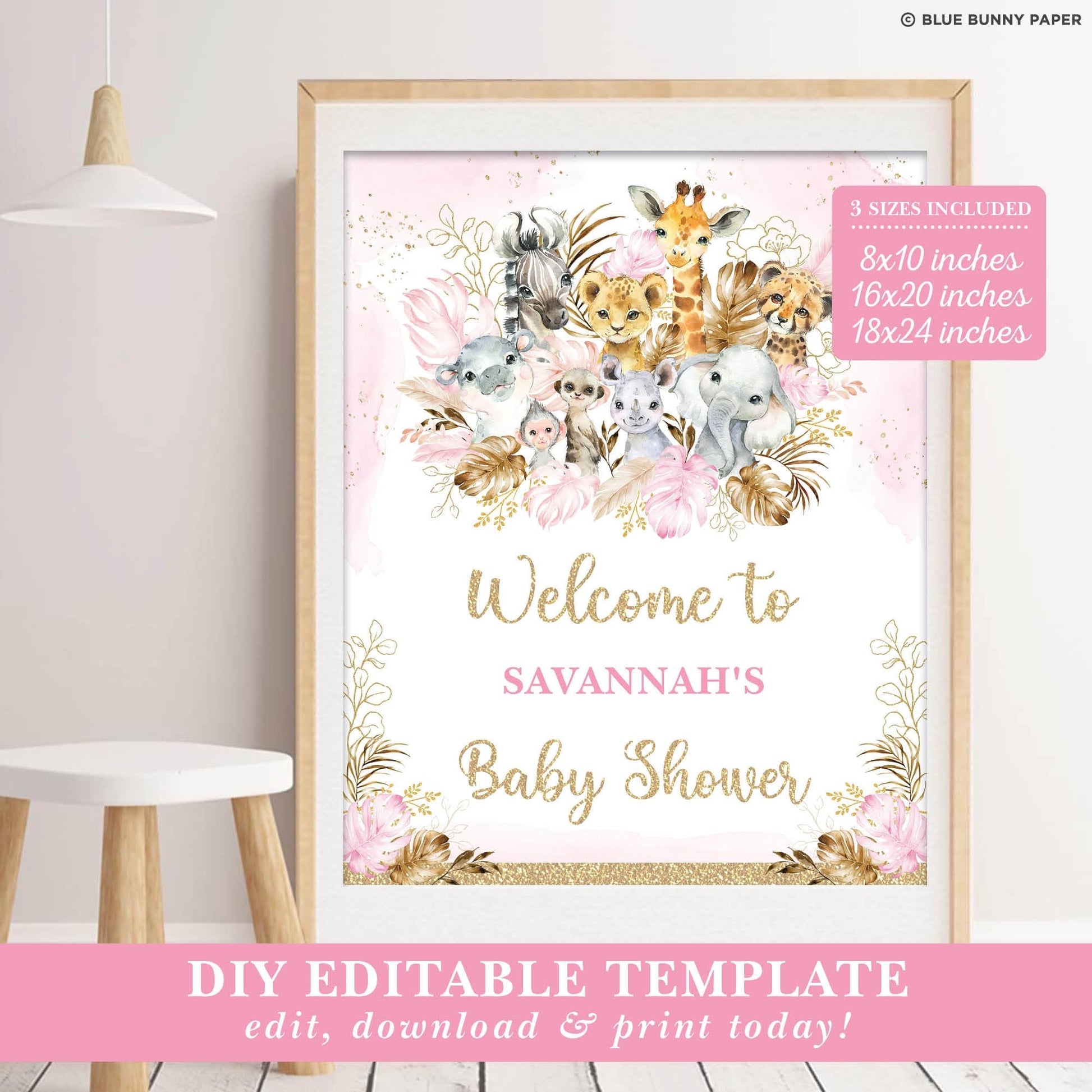 Pink Safari Baby Shower Party Welcome Sign