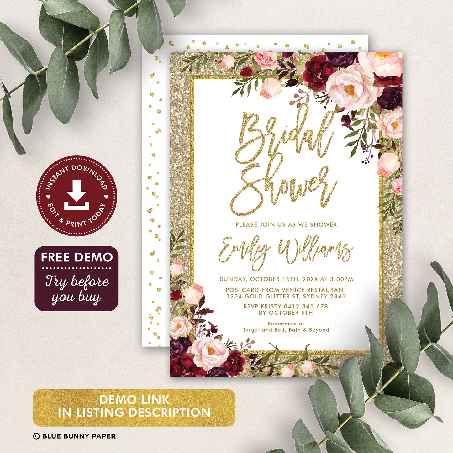 Gold Glitter Bridal Shower Invitation