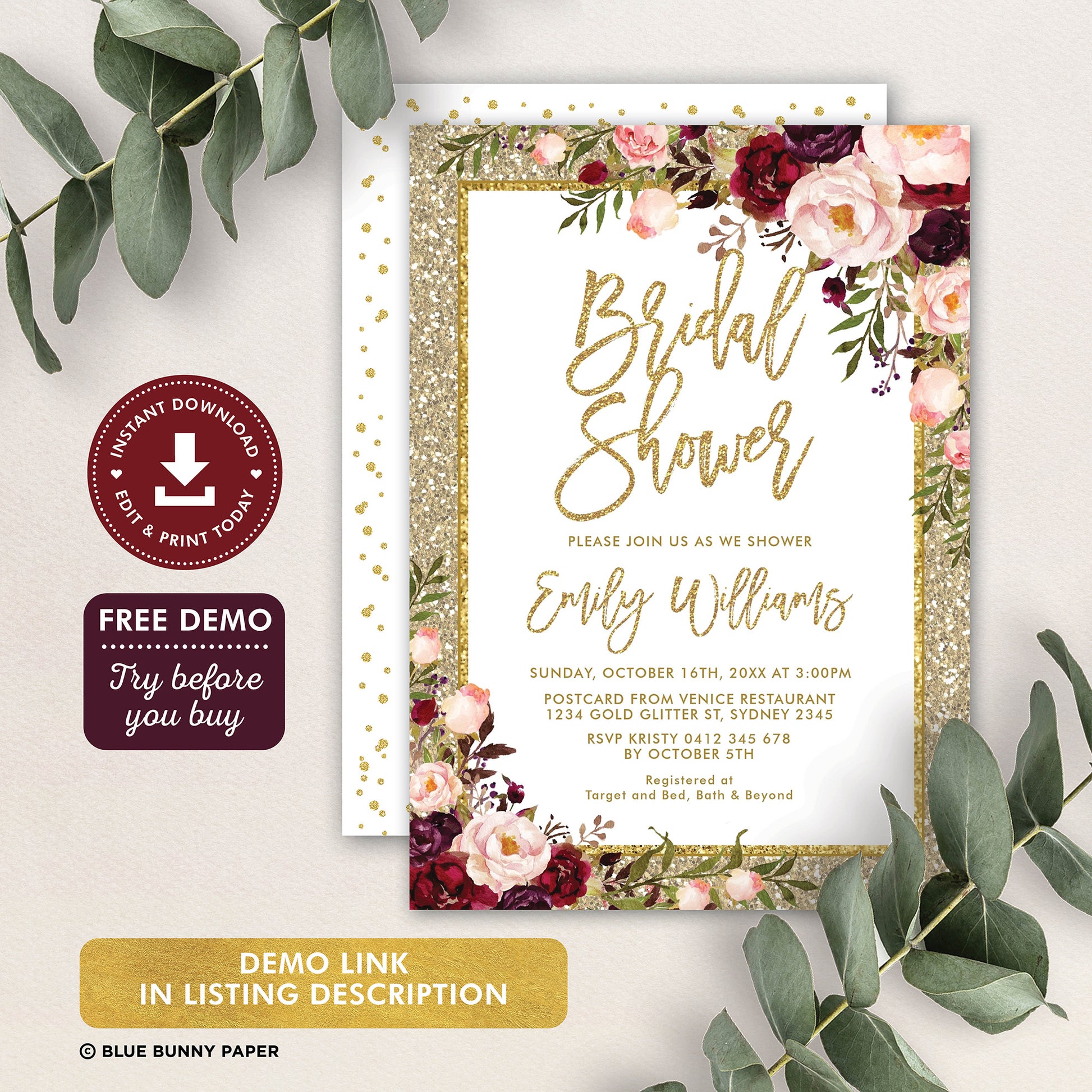 Gold Glitter Bridal Shower Invitation