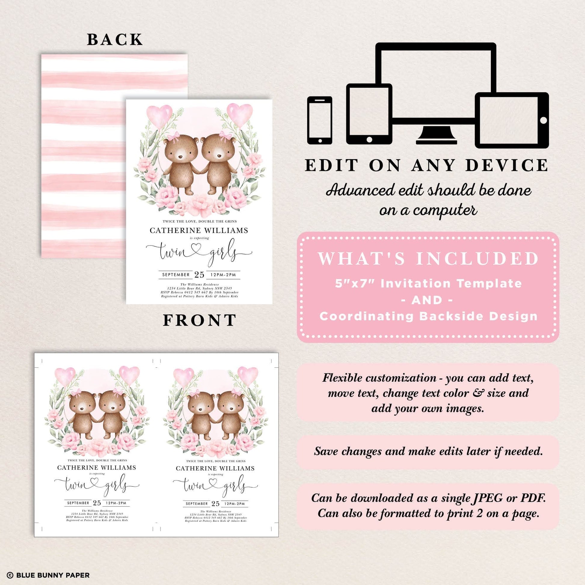 Girl Twins Teddy Bear Baby Shower Invitation