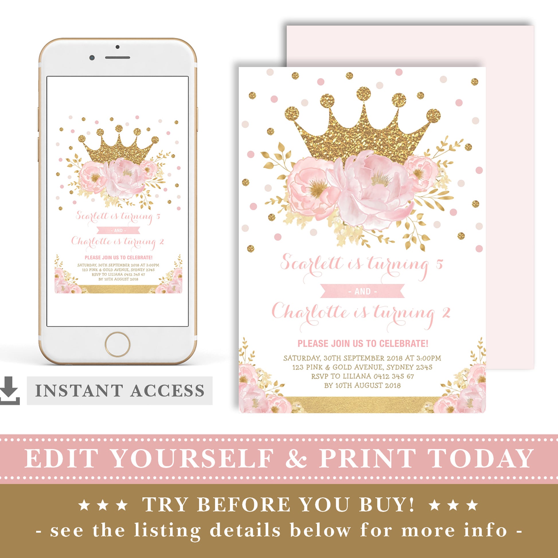 Princess Sibling Birthday Invitation