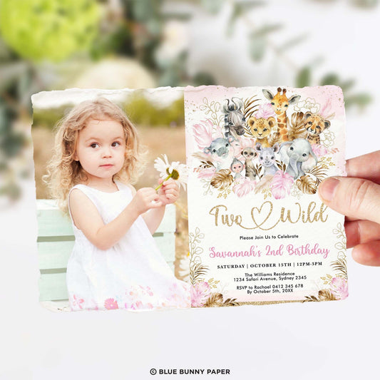 Two Wild Pink Safari Birthday Photo Invitation