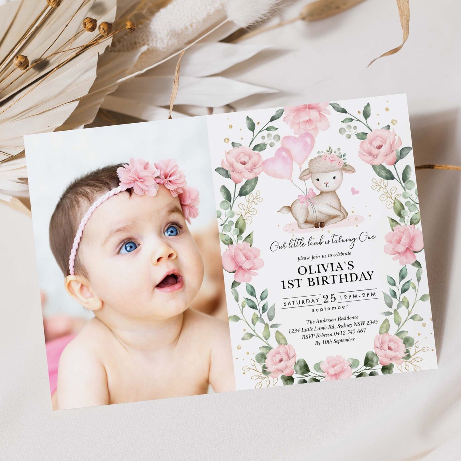 Cute Pink Lamb Photo First Birthday Invitation