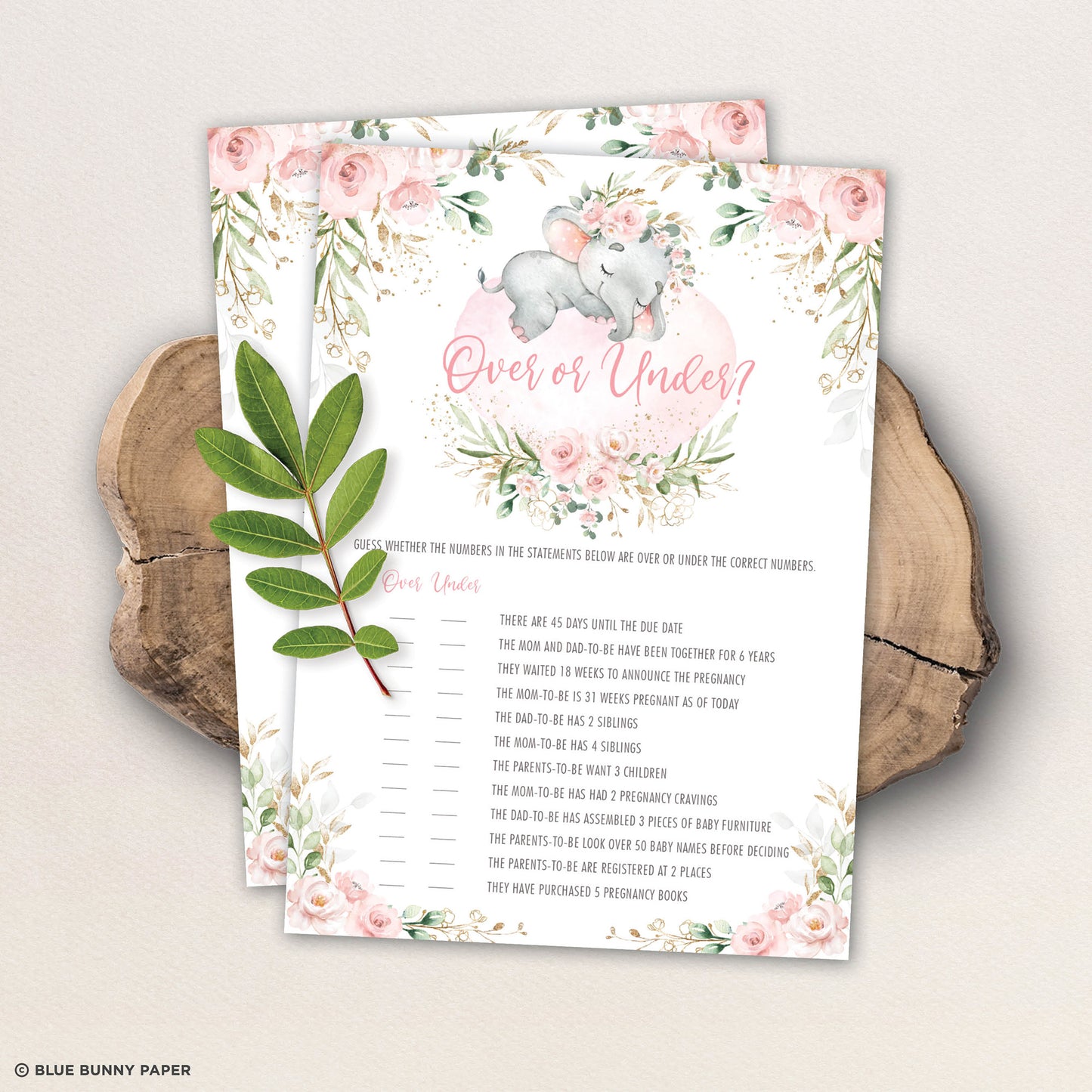 Elephant Over or Under Baby Shower Game