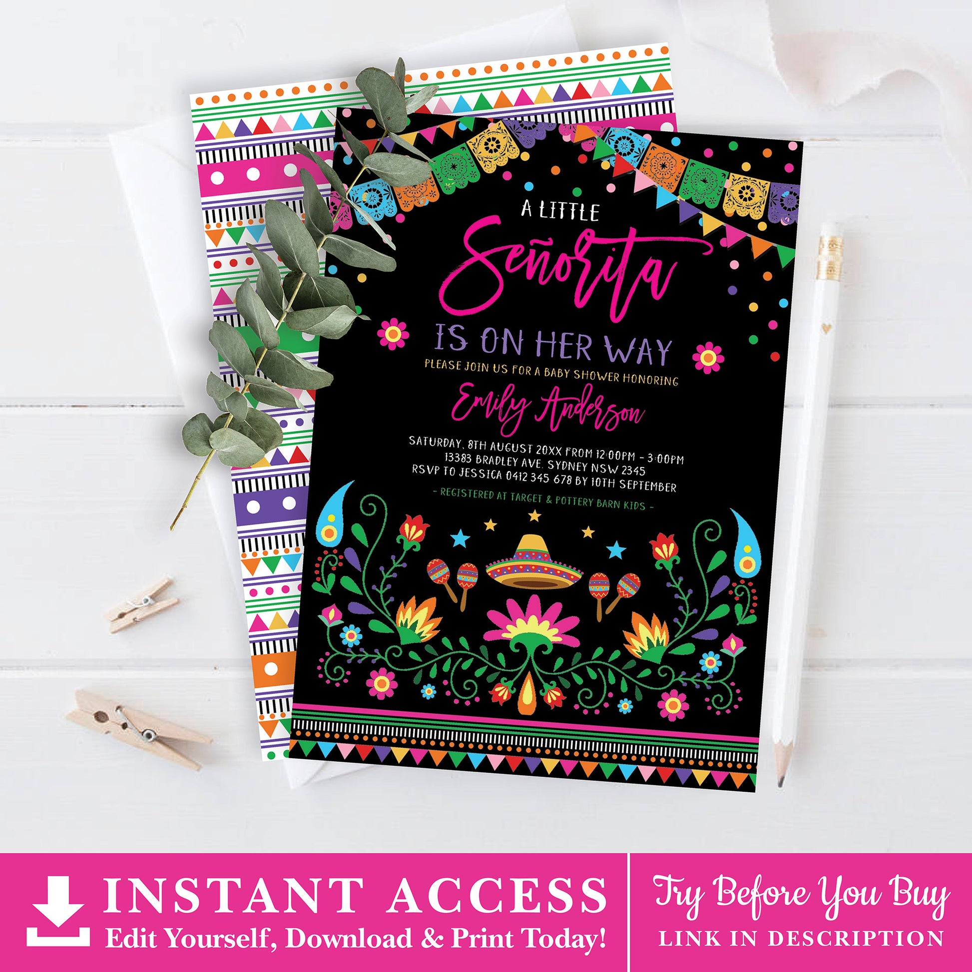 Mexican Fiesta Little Senorita Baby Shower Invite