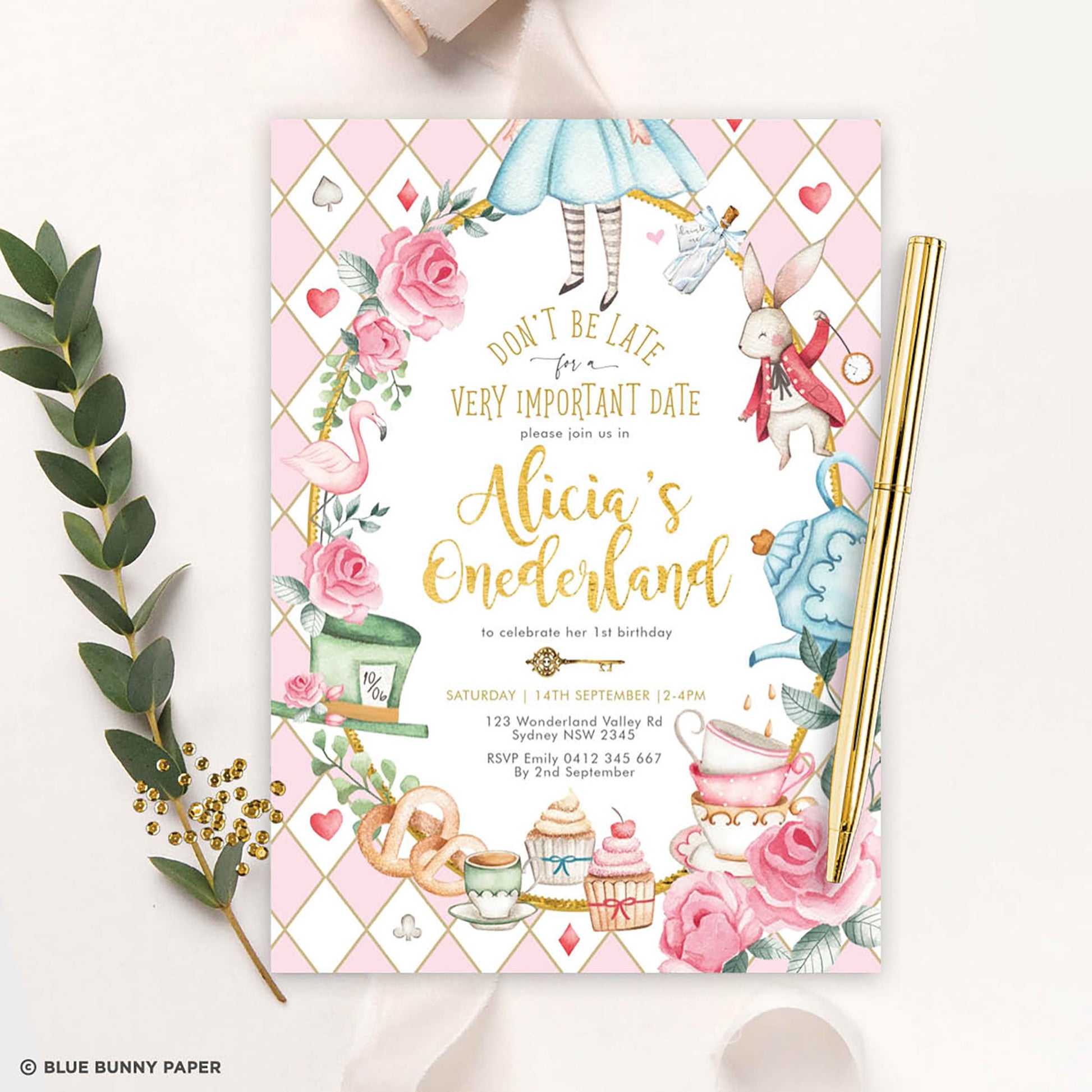 Alice in Wonderland 1st Birthday Invitation