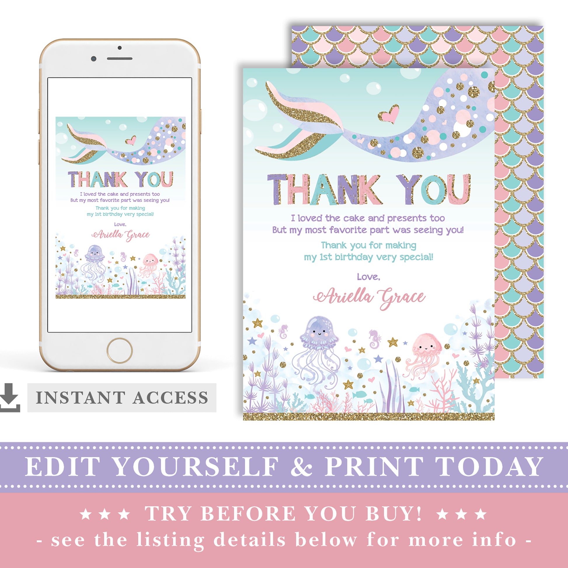 Mermaid Birthday Thank You Card