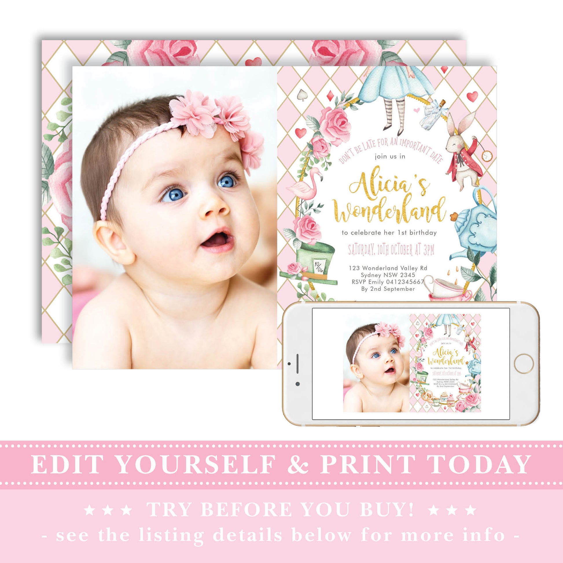 Alice in Wonderland Photo Birthday Invite