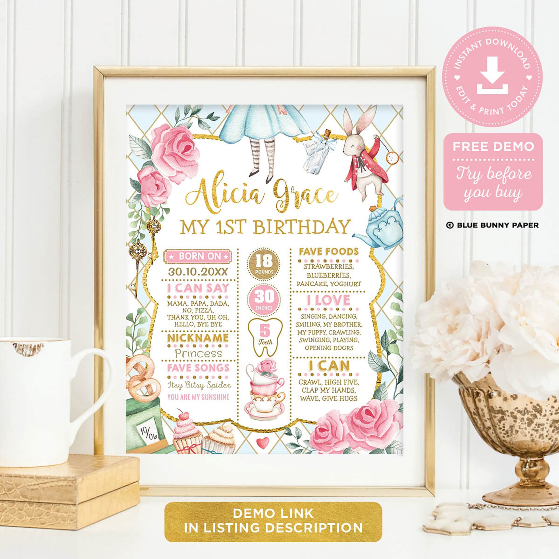 Alice in Wonderland 1st Birthday Milestone Poster