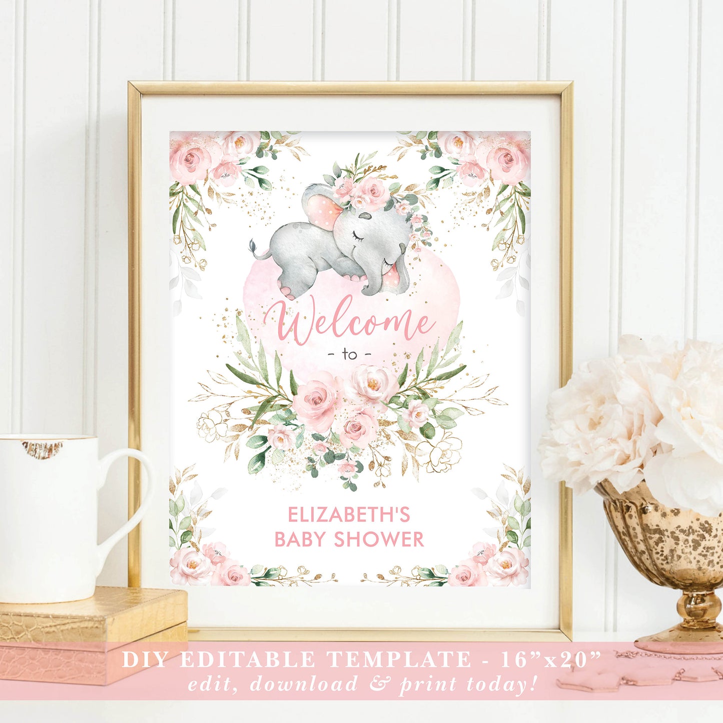 Girl Elephant Baby Shower Welcome Sign