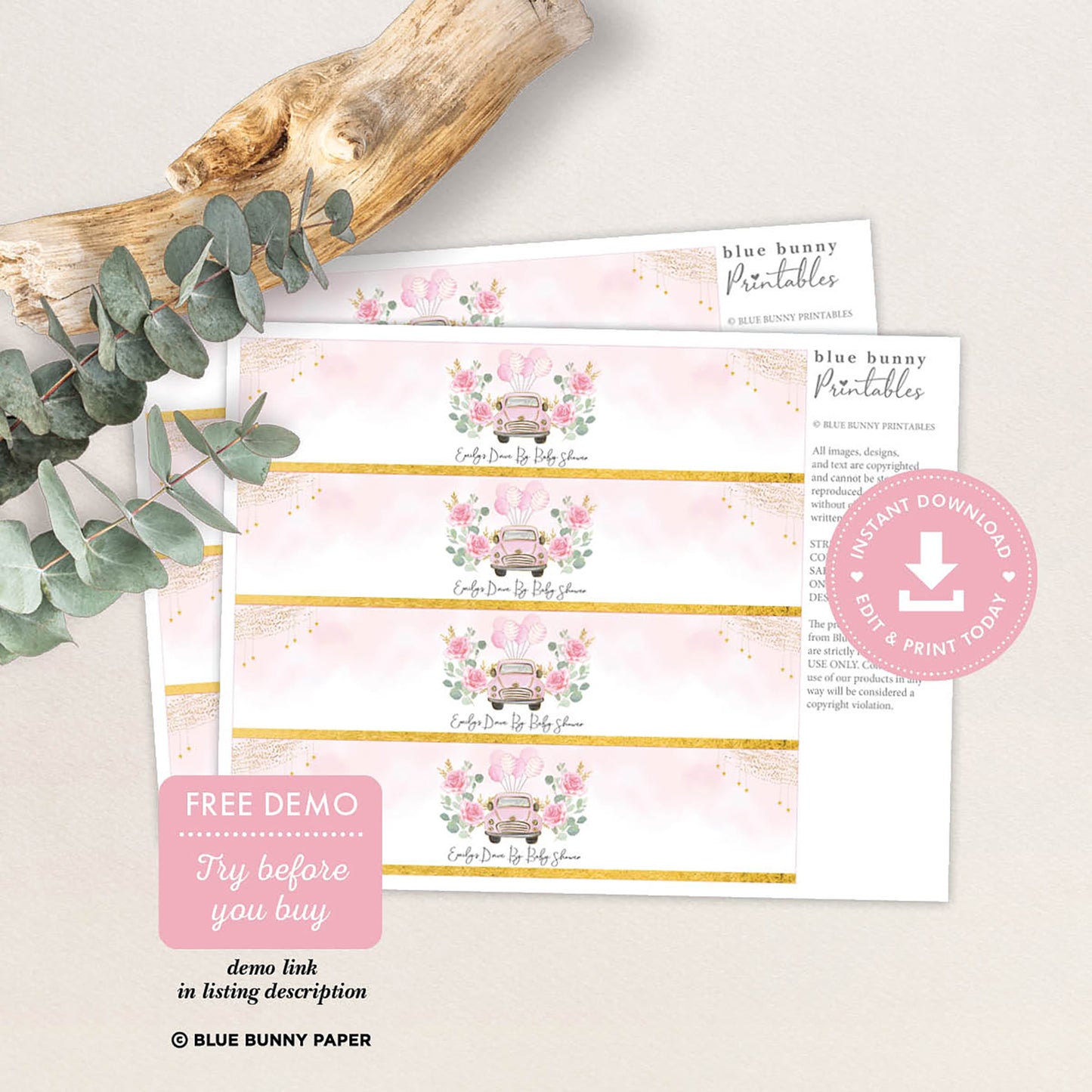 Pink Car Water Bottle Labels