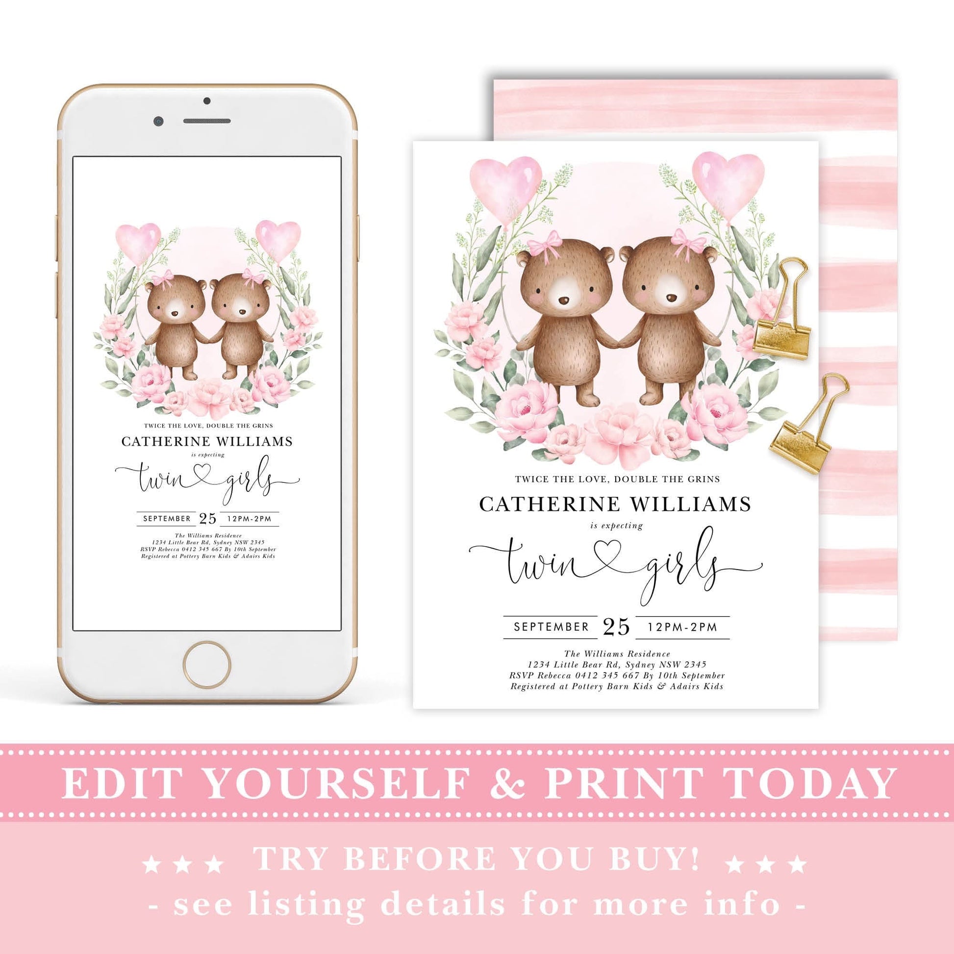 Girl Twins Teddy Bear Baby Shower Invitation